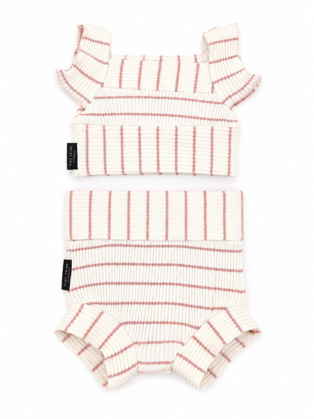 New - Tiny Tribe Ribbed Stripe Baby Two-Piece Set - Cream & Pink